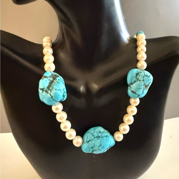 Turquoise Necklace W 7mm Cultutred Pearls Sterling Silver Clasp - Picture 4 of 6